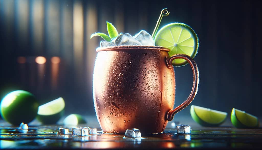 moscow mule cocktail in copper mug with lime