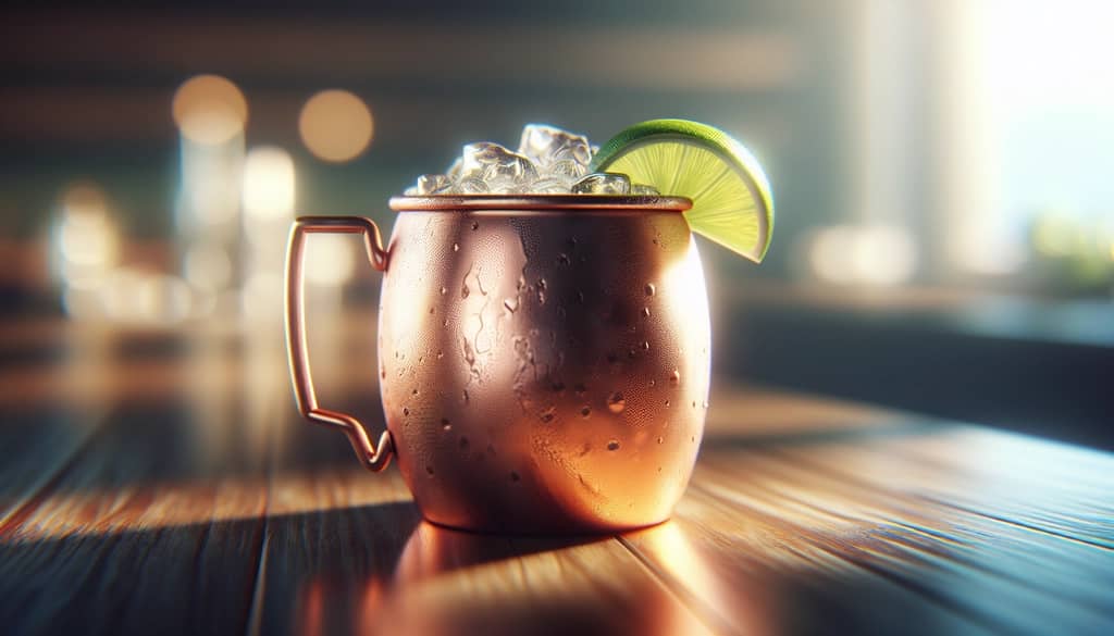 klassischer Moscow Mule in einem Kupferbecher mit Limette