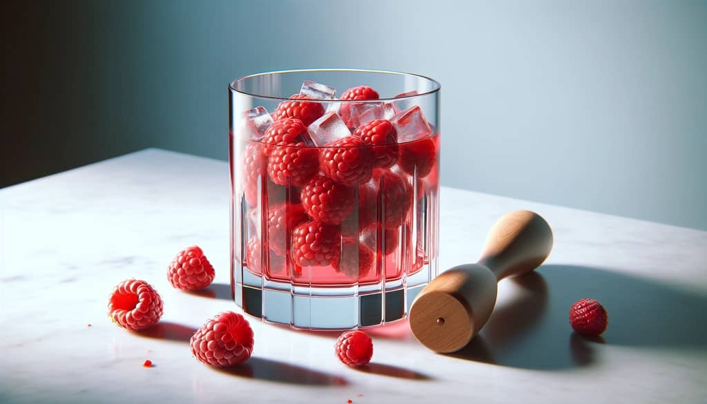 zerdrückte Himbeeren im Cocktailglas mit Stößel