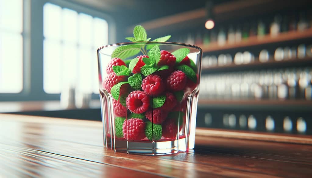muddled raspberries with mint in cocktail glass