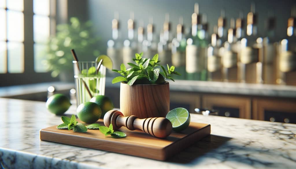 hand-held muddler next to fresh lime and mint