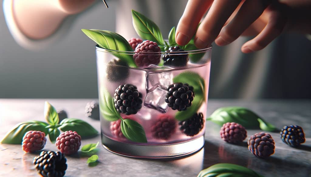 close-up of basil leaves and blackberries being muddled