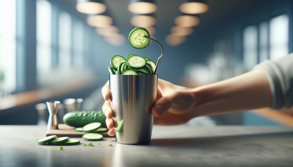 muddling cucumber in a cocktail shaker
