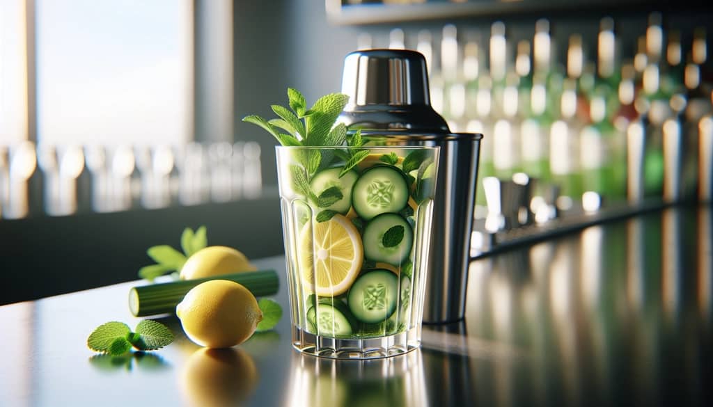 preparation of whiskey smash eastern standard with muddled cucumber, lemon, mint