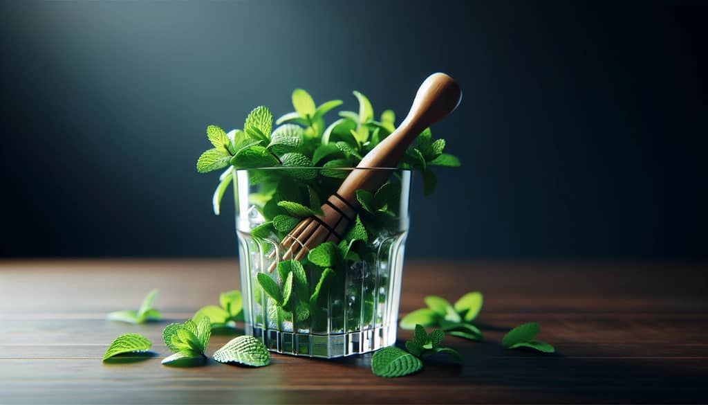 투명한 유리잔에 신선한 민트 으깨기