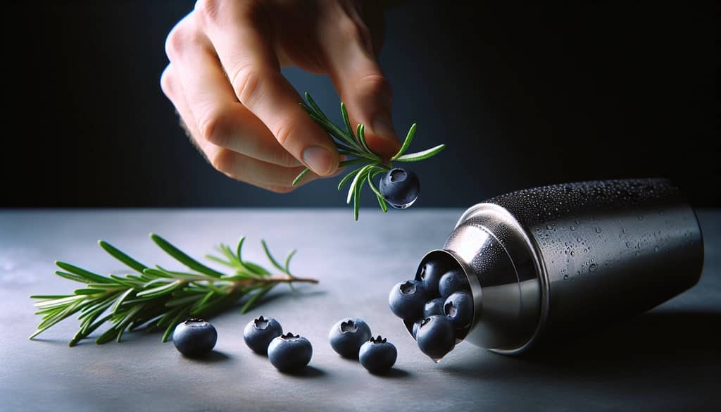 muddling rosemary blueberries in shaker