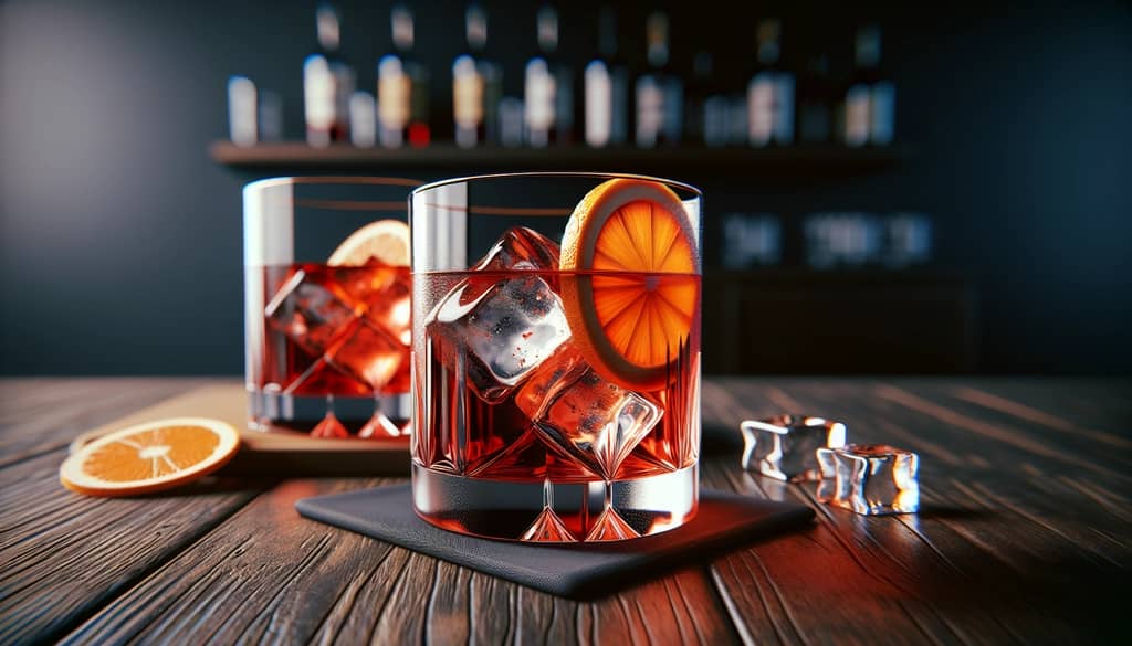 negroni cocktail in a rocks glass with orange wheel