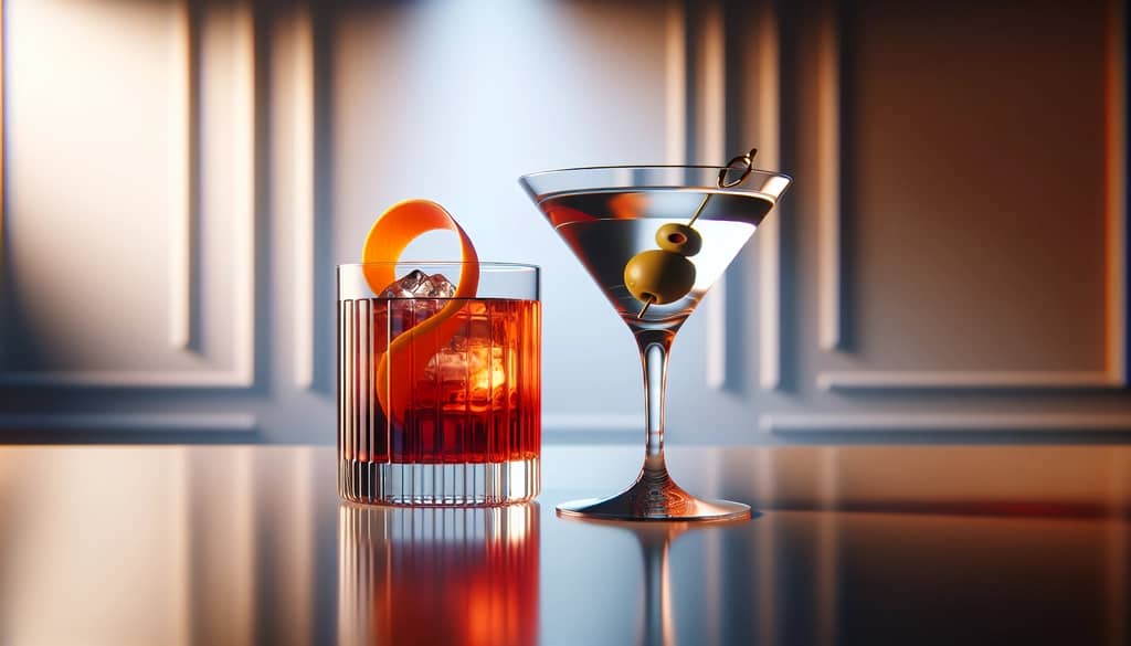 Negroni and Martini cocktails side by side