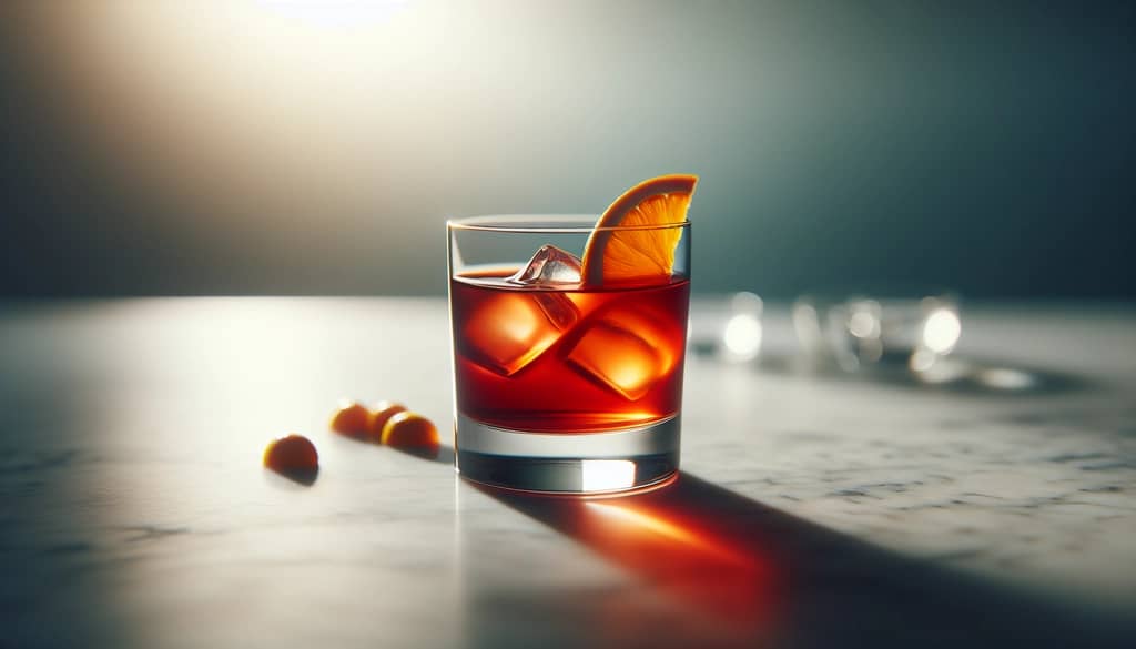 Negroni-Cocktail mit Orangengarnitur im Tumblerglas