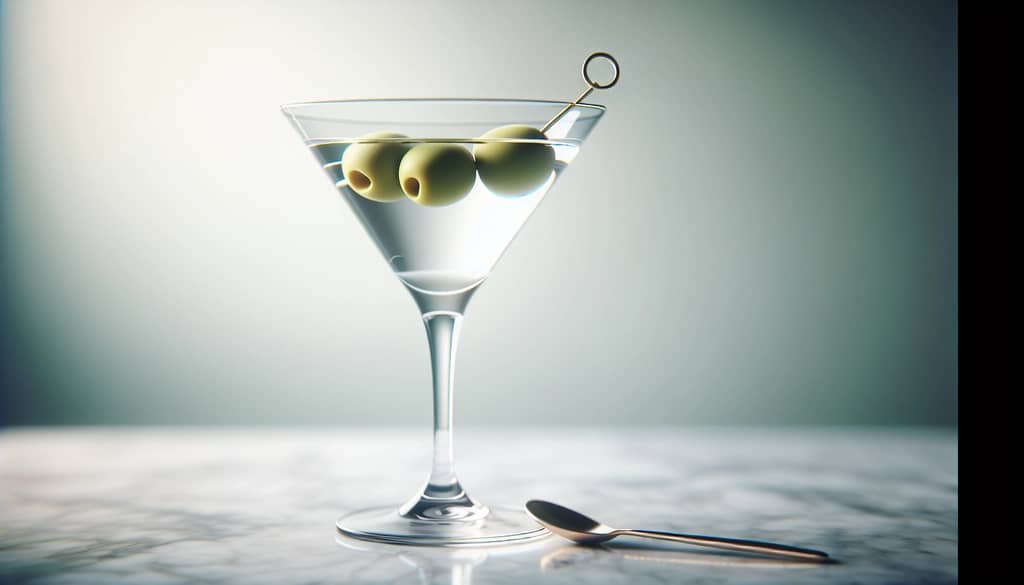 مشروب تمثيلي بالزيتون خالي من الكحول في كأس مارتيني مع زيتون على عود