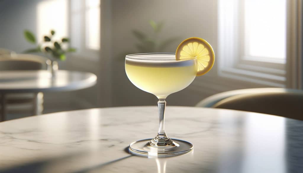 non-alcoholic sour cocktail in a coupe glass, lemon garnish