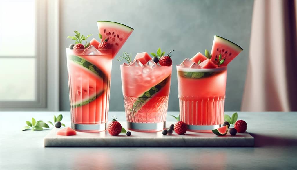 variety of non-alcoholic watermelon cocktails on marble