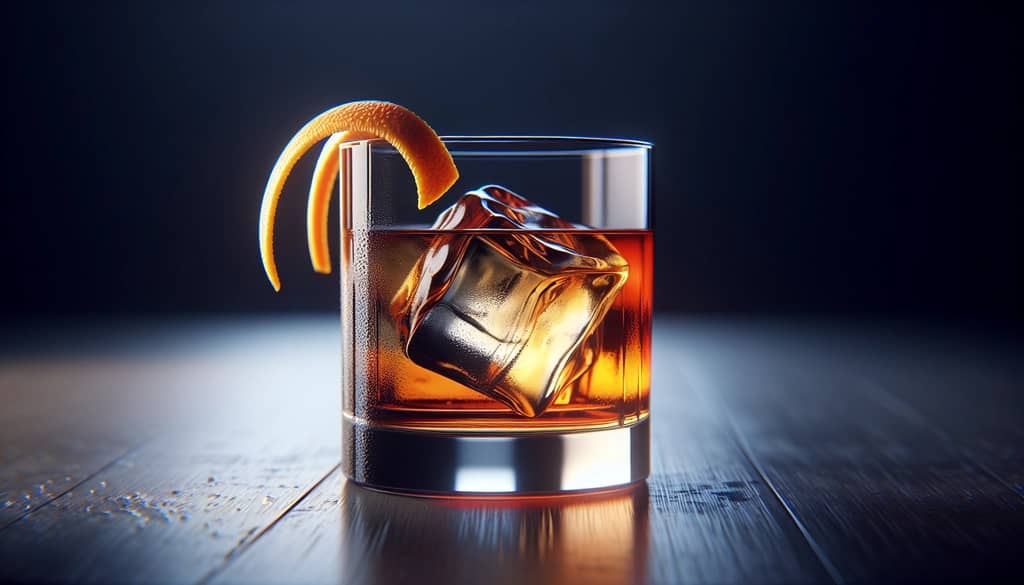 old fashioned cocktail in a rocks glass with orange twist