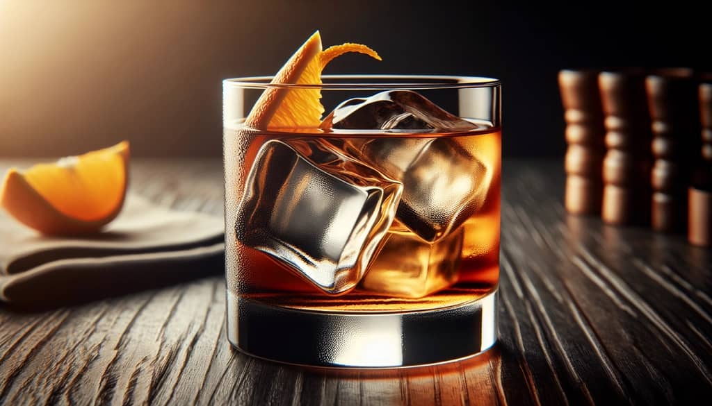 Old Fashioned cocktail with orange peel garnish