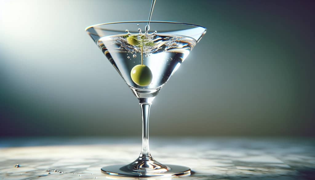 closeup of an olive being dropped in martini glass