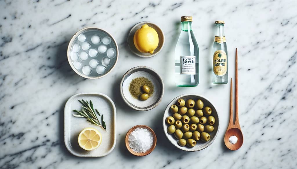 Ingredients for olive mocktail on a marble counter
