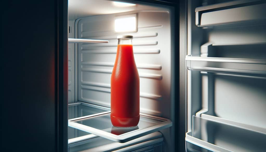 opened glass bottle of tomato juice in fridge