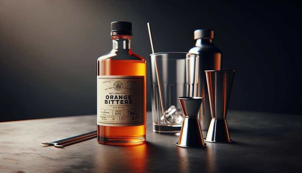 closed orange bitters bottle near cocktail tools