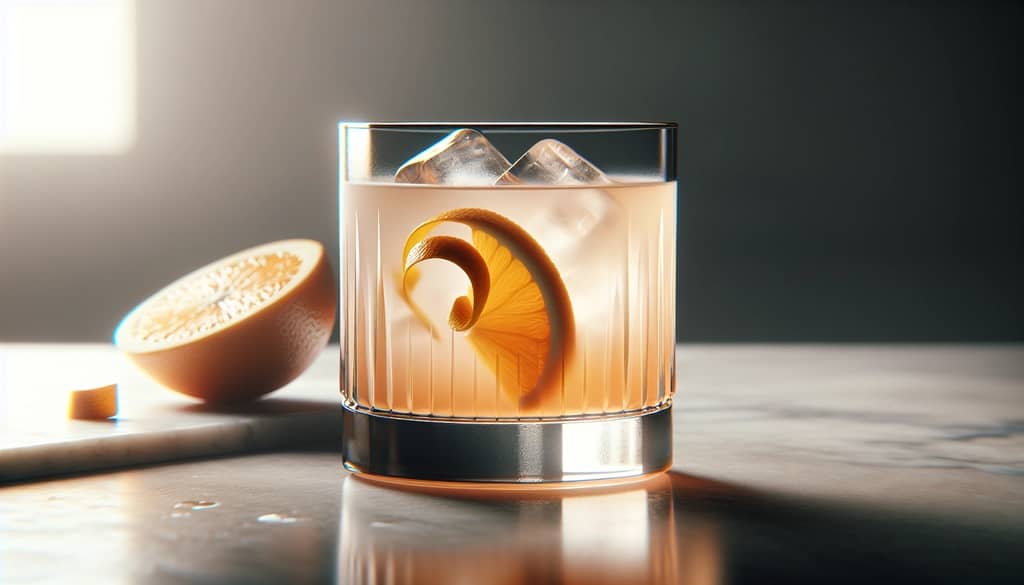 mocktail with orange twist and bitters on a bar top