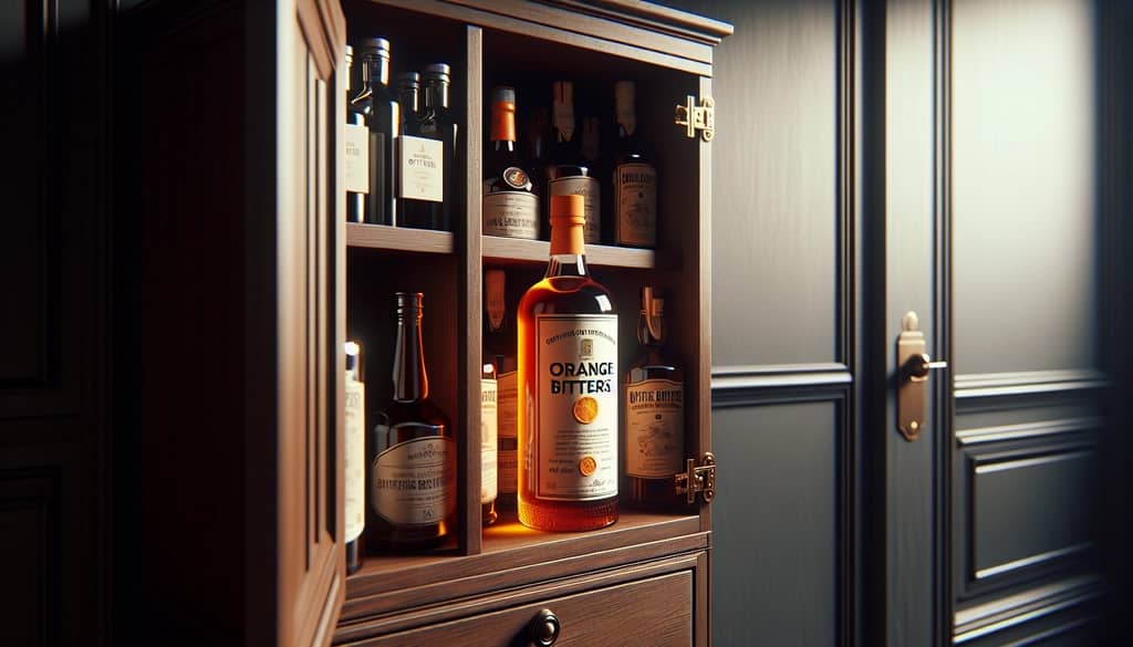 orange bitters bottle in a liquor cabinet