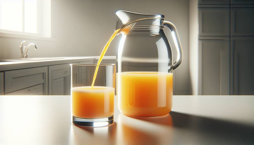 orange juice poured from jug to glass on clean counter