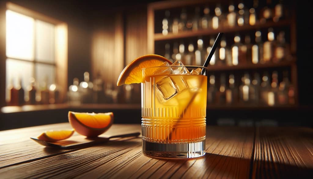 cóctel de jugo de naranja y tequila en un vaso corto con adorno de rodaja de naranja fresca