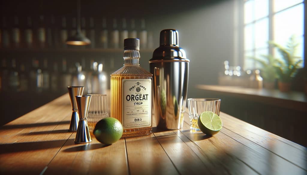 cocktail shaker and ingredients with orgeat bottle