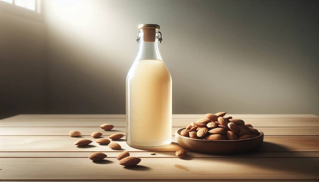 orgeat syrup in a glass bottle with almonds beside it