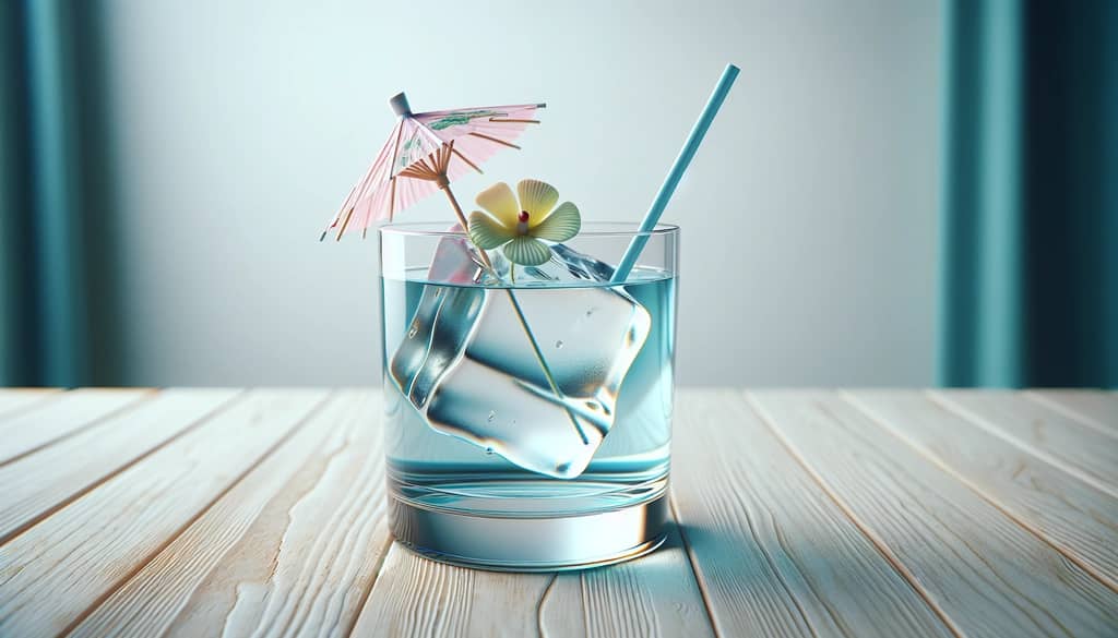 colorful party cocktail with umbrella and flower ice cube