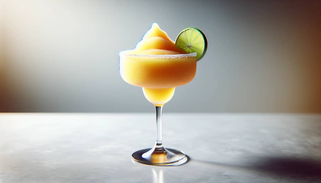 라임 휠이 얹어진 쿠페 잔에 담긴 냉동 패션프루트 마가리타