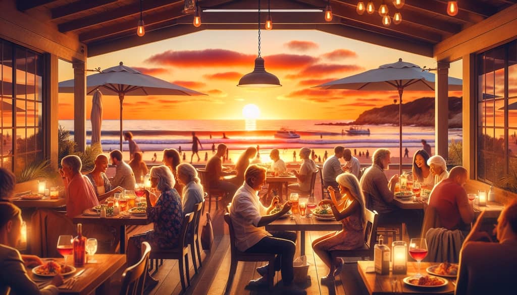 Patrons enjoying a sunset meal at Nobu Malibu, with the sun setting over the Pacific Ocean as the perfect backdrop.