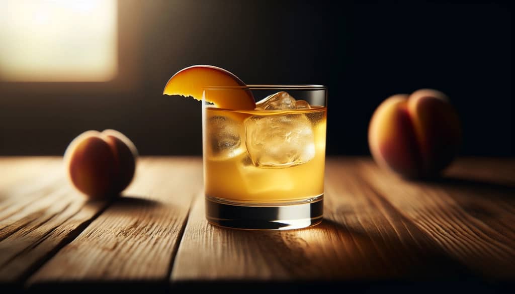peach bourbon lemonade with peach slice garnish