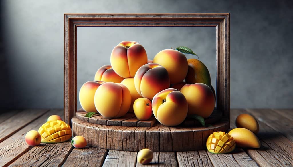 Ripe peaches and mangoes on wooden board