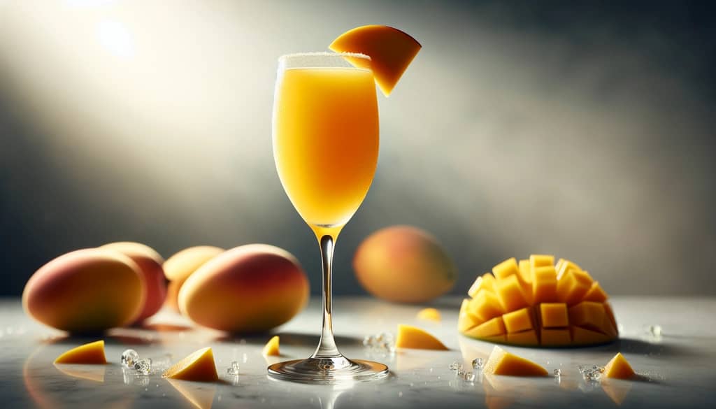 Napój mimosa brzoskwiniowo-mango w kieliszku do szampana z plasterkiem mango jako ozdoba