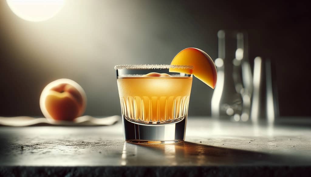 Peach margarita cocktail on rocks glass with peach slice