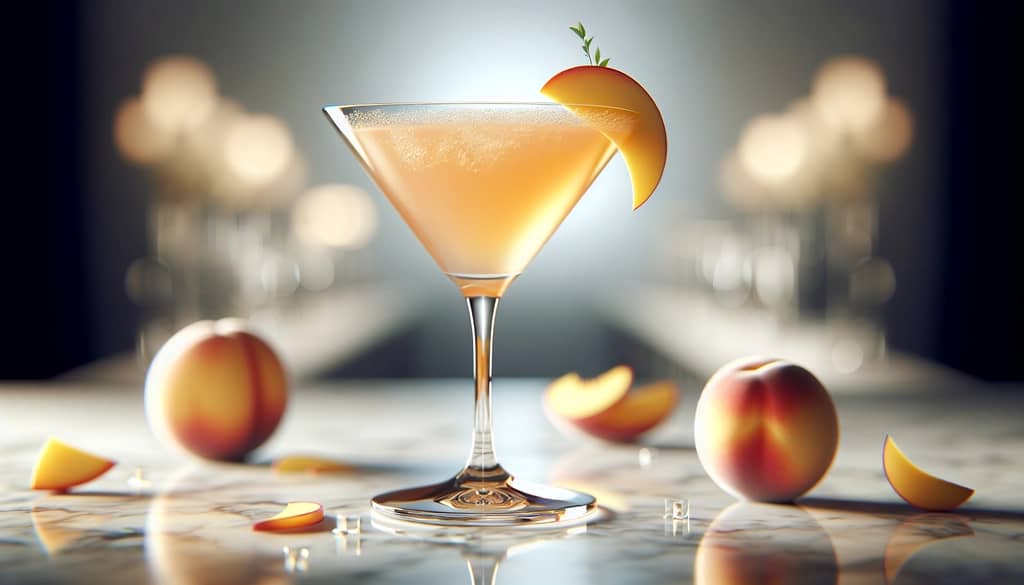 martini de durazno con adorno de jengibre en copa de cóctel