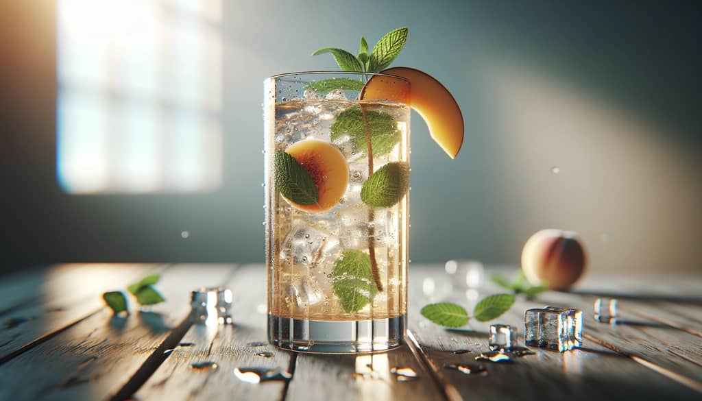 Peach mojito cocktail in highball glass with mint
