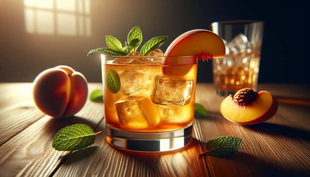peach smash cocktail with fresh peach slices