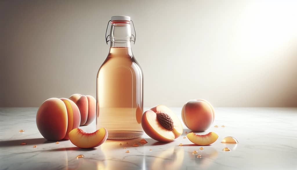 peach syrup in a glass bottle with fresh peaches