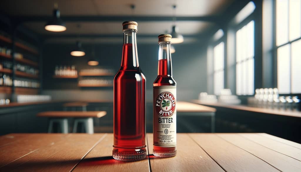 Flasche Peychaud's Bitter auf der Holzbar