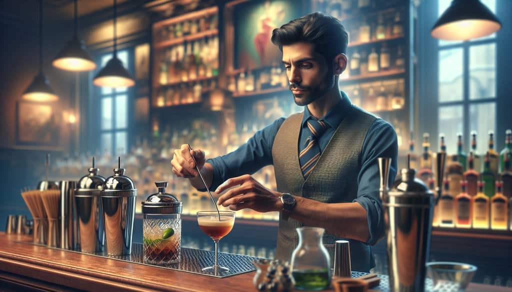 Phil Ward expertly mixing the Division Bell cocktail at Mayahuel, highlighting its iconic ingredients and roots