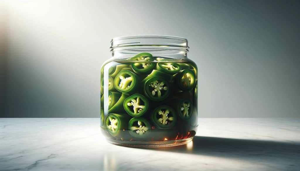 pickled jalapenos in glass jar on bar surface