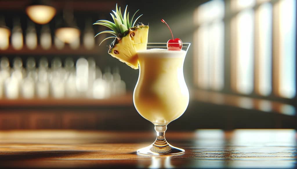 A piña colada in a hurricane glass with pineapple garnish