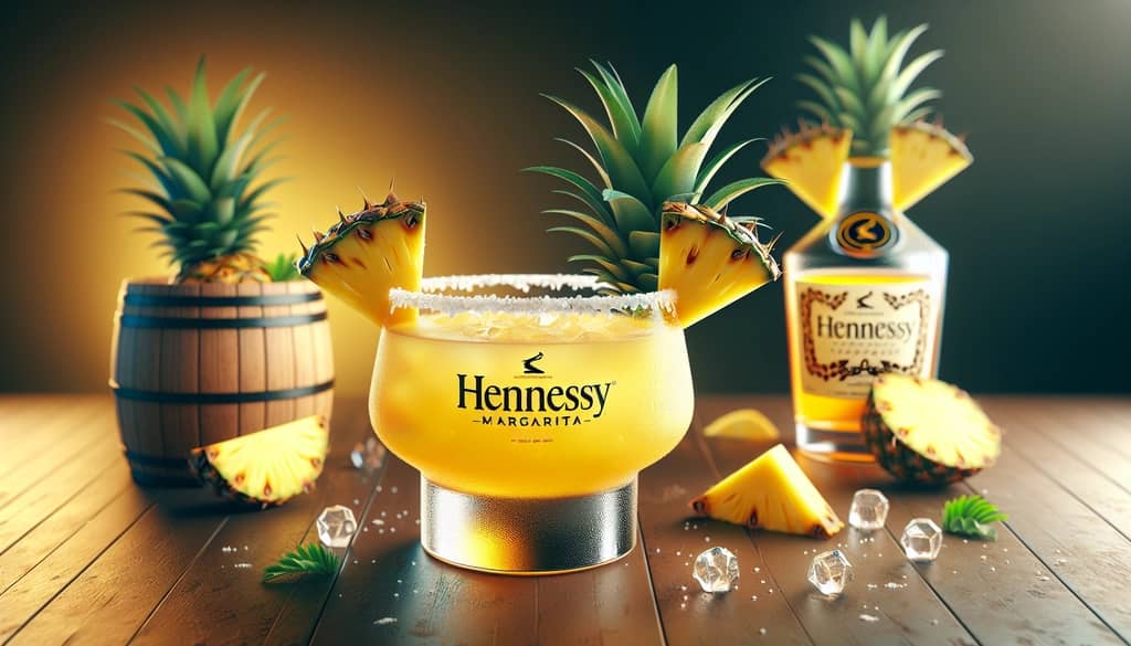 Pineapple Hennessy Margarita with a vibrant yellow hue and pineapple wedge garnish in a salted rim glass.