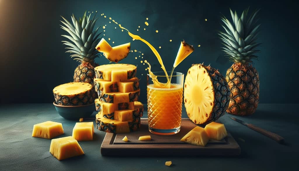 Pineapple slices and a glass of juice showcasing the rich vitamins and nutrients of the fruit.