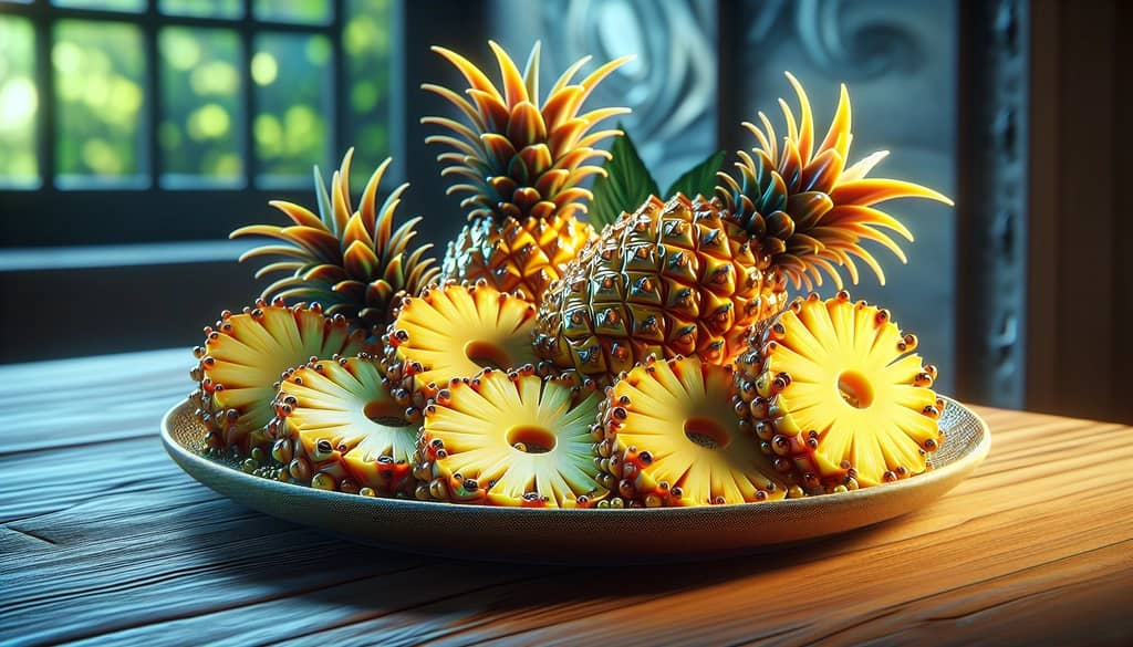 Pineapple slices arranged beautifully on a plate, showcasing bromelain for digestive health.