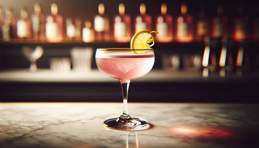 pink gin cocktail with lemon twist garnish