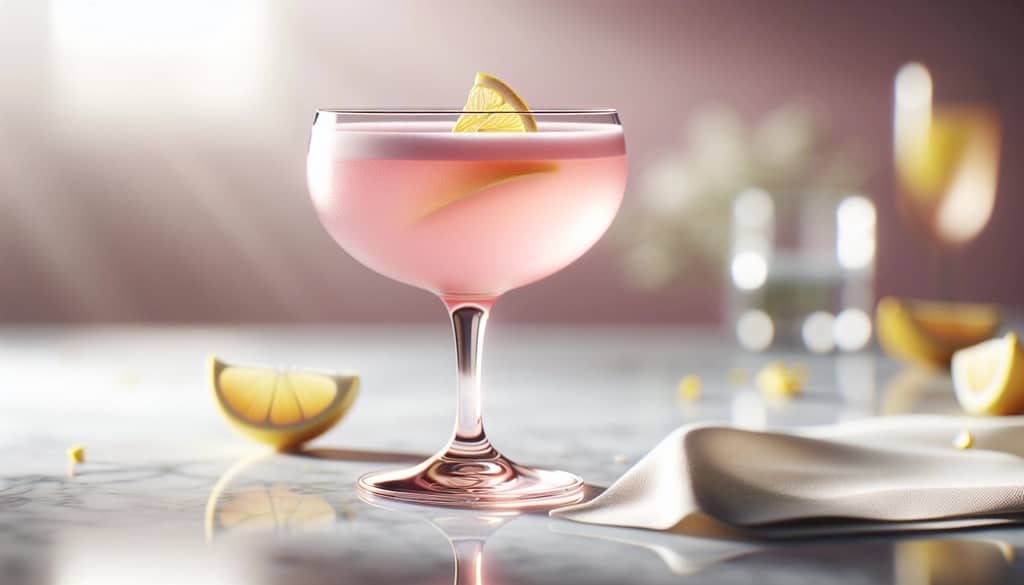 pink gin sour cocktail in a coupe glass with a lemon twist garnish