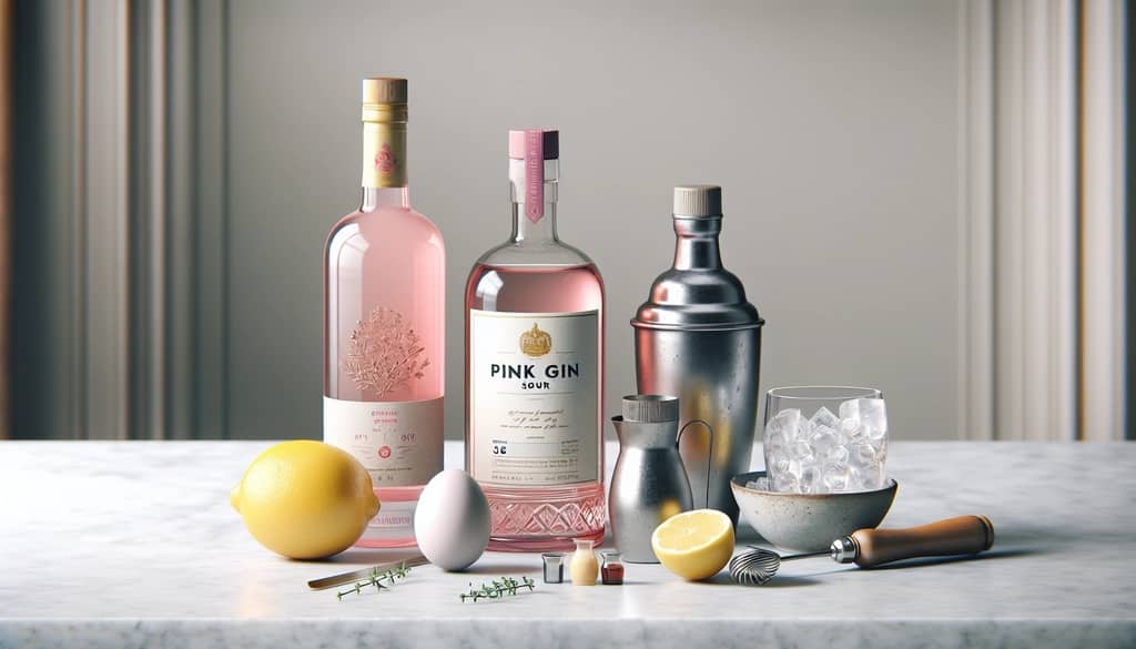 pink gin sour ingredients and tools ready to mix