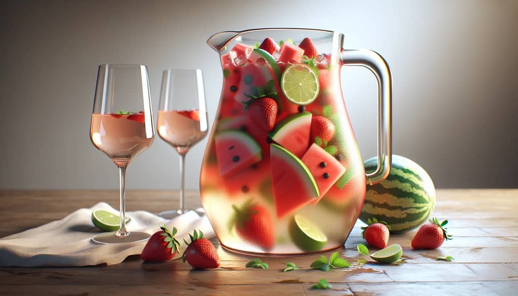 pitcher of watermelon moscato sangria with fruit and glasses